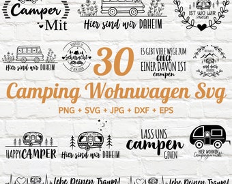 Peut inclure: Un ensemble de 30 fichiers de découpe SVG sur le thème du camping en noir et blanc. Les motifs représentent des camping-cars, des montagnes, des arbres et des textes tels que "Happy Camper", "Hier sind wir Daheim" et "Lass uns campen gehen".