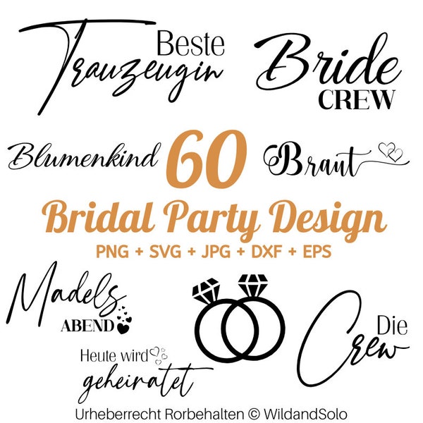 60 Bridal party svg bundle, Brautjungfern SVG Geschenk, Trauzeugin SVG, Hen Party Svg, Braut Team Svg, Brautjungfern svg, Team Braut svg