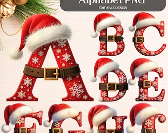 Christmas Alphabet PNG, Christmas Letters Clipart, Santa Cap Designs, Kids Christmas Snowflake PNG, Sublimation Letters  Holiday Font