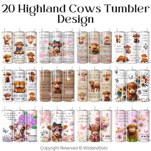 Peut inclure: Vingt designs différents pour des gobelets à café Highland Cow. Les designs présentent diverses illustrations de vaches Highland, des motifs floraux et des citations inspirantes. Les gobelets sont blancs avec une finition en acier inoxydable.