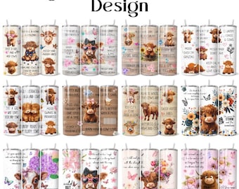 20 Highland Cows Tumbler Wrap Design Bundle PNG, 20 oz Skinny Tumbler, Sublimation Design, Highland Cow Baby Tumbler Design,Girl Cow Tumbler