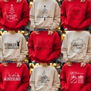 Peut inclure: Collection de neuf sweatshirts col rond rouges et beiges. Chaque sweat-shirt présente un graphisme noir et un texte différents, avec des sapins de Noël, des couronnes et des phrases festives comme "Winter Wonderland" et "Frohe Festtage".