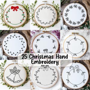 May include: A collection of nine embroidery hoops with Christmas-themed designs. Each hoop features a white fabric background with various black line art illustrations, including wreaths, bells, and candy canes. The text "25 Christmas Hand Embroidery" is also present.