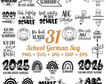 Può includere: Illustrazioni vettoriali in bianco e nero di design a tema scolastico. I design includono testo in tedesco, come "Schulekind", "Viel Erfolg" e "ABC Schutze". Ci sono anche illustrazioni di arcobaleni, matite e un edificio scolastico.
