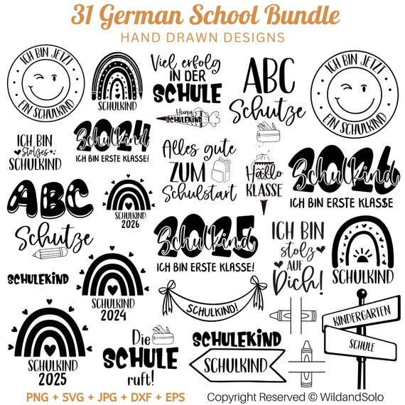 31 Deutsches Schulsvg-Bundle, Schulkind 2026, Deutsche Schulplotterdatei, Schulspruch, Schulanfangssvg, Erste Klasse, Schnitt für Cricut