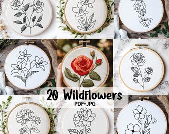 20 diseños de bordado de flores silvestres, flores bordadas a máquina, patrones de bordado floral, flores bohemias y botánicas, descarga instantánea en PDF