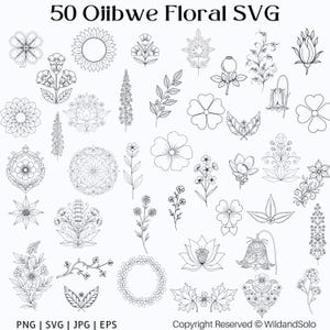 May include: A collection of 50 Ojibwe floral SVG designs in black and white. The image features various floral illustrations, including sunflowers, bellflowers, and detailed ornamental patterns. Text at the top reads "50 Ojibwe Floral SVG".