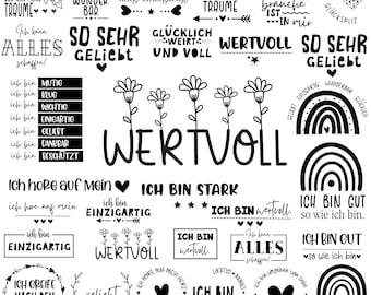 Può includere: Sticker digitali stampabili in bianco e nero con affermazioni positive e citazioni in tedesco. Gli adesivi presentano arcobaleni, cuori, stelle e fiori. Il testo include frasi come "Ich bin stark" (Sono forte), "Ich bin wertvoll" (Sono prezioso) e "So sehr geliebt" (Così amato).