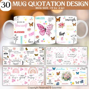 Puede incluir: Tazas de cerámica blanca con citas inspiradoras y diseños de mariposas. Las tazas presentan frases como "Cree en ti mismo", "Intrépido" y "Eres suficiente". Cada taza mide aproximadamente 10 cm de alto.