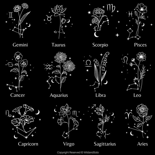 12 BirthMonth Svg Bundle, Floral svg, Botanical svg, Flower Svg, Birth Flower Svg, Rose svg, Daisy svg, Poppy svg, Birthday svg, Zodiac sign