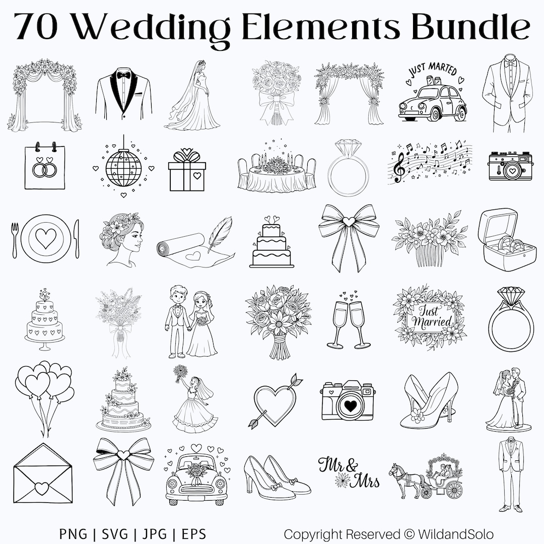 70 Hand-drawn Wedding Clipart Bundle | Wedding Icons SVG | Line Art ...
