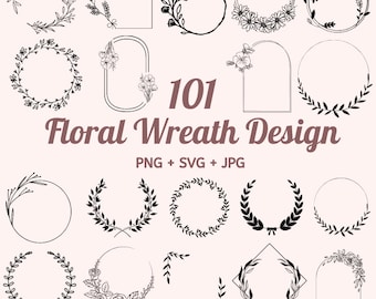 Könnte beinhalten: Eine Sammlung von 101 schwarzen und weißen floralen Kranzdesigns. Die Designs sind in verschiedenen Formen, darunter Kreise, Quadrate und Rechtecke. Der Text "101 Floral Wreath Design" befindet sich in der Mitte des Bildes. Der Text "PNG + SVG + JPG" befindet sich unter dem Titel. Der Text "Copyright Reserved © WildandSolo" befindet sich am unteren Rand des Bildes.