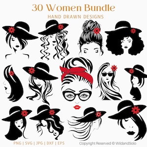 Paquete de 30 SVG de mujeres: flores en el cabello, rostro femenino SVG, arte lineal de mujeres, cabello SVG, etiqueta de producto de belleza, siluetas de mujeres