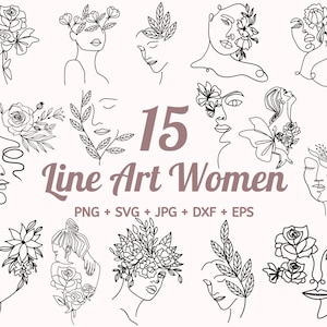 15 Flowers in hair svg, Line Art face svg, Faces Woman Floral Line Art SVG, Line Art Women SVG Bundle, Cut Files for Cricut, home decor svg