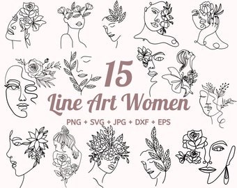 15 Flowers in hair svg, Line Art face svg, Faces Woman Floral Line Art SVG, Line Art Women SVG Bundle, Cut Files for Cricut, home decor svg