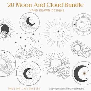 20 maan en wolken Svg-bundel, sterren Svg, Celestial Svg Moon Star, Love Moon Svg, Floral Moon Drawing, Night Moon Svg, Instant Download