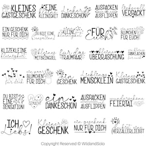Może przedstawiać: Czarno-białe etykiety prezentowe do wydrukowania z różnymi niemieckimi zwrotami, w tym "Kleines Gastgeschenk", "Ein Geschenk nur für dich", "Lieblings Menscklein", "Für Euch" i "Ich liebs!"