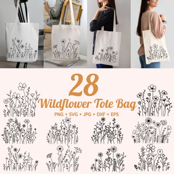 Svg de sac fourre-tout fleurs sauvages, svg de fleurs sauvages, bouquet SVG Bundle, cadre floral svg, svg monogramme fractionné, svg de croquis de fleurs, sac fourre-tout floral Svg