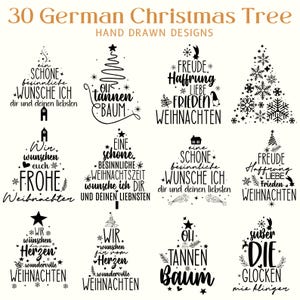 Puede incluir: Una colección de 30 diseños de árboles de Navidad alemanes dibujados a mano. Cada árbol presenta texto y elementos decorativos únicos, incluyendo estrellas, copos de nieve y frases festivas. Los diseños son en blanco y negro.