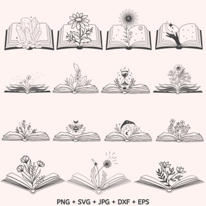15 bloemen boek Svg, boek met bloemen Svg, lezing Svg, bloemen groeien uit een boek, lezen mooi boek, boekenliefhebbers SVG, bibliotheek svg