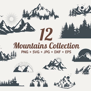 Pacote com 12 SVGs de montanha, SVGs de viagem, SVGs de colinas, SVGs de árvores, SVGs de atividades ao ar livre, SVGs de floresta Cricut, cliparts de montanha SVG, SVGs de sol, SVGs de lua, SVGs de árvores