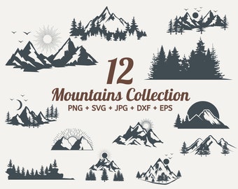 12 Mountain SVG bundle, Travel svg, Hills svg, Trees svg, Outdoor svg, Forest Svg Cricut, Mountain svg clipart, sun svg, moon svg, trees svg