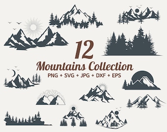 12 berg SVG-bundel, reizen svg, heuvels svg, bomen svg, buiten svg, bos Svg Cricut, berg svg clipart, zon svg, maan svg, bomen svg
