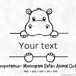 Nilpferd Split Safari Tier SVG, Safari Tiere Umriss SVG, Safari Tier Monogramm, Name Rahmen SVG, Schule Klassenzimmer Etikett Kinder