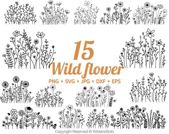 Flores silvestres SVG, Ramo SVG, Marco floral SVG, Flor silvestre SVG, Floral SVG, Naturaleza SVG, Monograma dividido SVG, Boceto de flor SVG Por Solo Wild