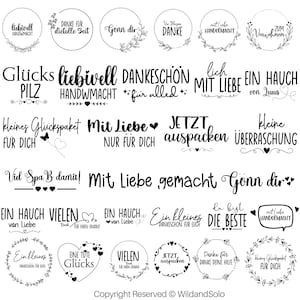 K&ouml;nnte beinhalten: Schwarz-wei&szlig;e Illustrationen mit verschiedenen Spr&uuml;chen und Designs, darunter "Gl&uuml;cks Pilz", "liebivell Handwmacht", "DANKESCH&Ouml;N f&uuml;r alles", "MIT LIEBE EIN HAUCH von Luus", "kleines Gl&uuml;ckspaket F&Uuml;R DICH", "Mit Liebe NUR F&Uuml;R DICH", "JETZT auspacken", "kleine &Uuml;BERRASCHUNG", "Viel Spa B damit", "Mit Liebe gemacht", "G&ouml;nn dir", "EIN HAUCH von Liebe", "VIELEN Dank", "EIN HAUCH von Liebe", "Ein kleines DANKESCH&Ouml;N f&uuml;r EUCH", "Du bist DIE BESTE", "mit Liebe HANDGEMACHT", "Ein kleines DANKESCH&Ouml;N f&uuml;r EUCH", "EINE TUTE Gl&uuml;cks", "VIELEN Dank", "JETZT auspacken", "Danke f&uuml;r DANKE DEINE HILFE", "kleines Gl&uuml;ckspaket F&Uuml;R DICH", "Copyright Reserved &copy; WildandSolo".