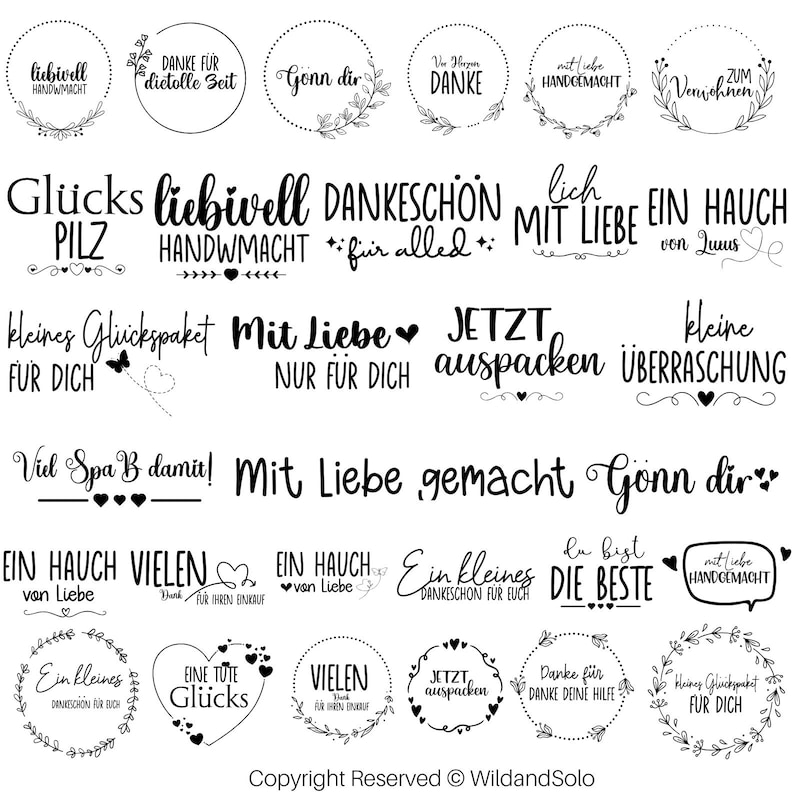 K&ouml;nnte beinhalten: Schwarz-wei&szlig;e Illustrationen mit verschiedenen Spr&uuml;chen und Designs, darunter "Gl&uuml;cks Pilz", "liebivell Handwmacht", "DANKESCH&Ouml;N f&uuml;r alles", "MIT LIEBE EIN HAUCH von Luus", "kleines Gl&uuml;ckspaket F&Uuml;R DICH", "Mit Liebe NUR F&Uuml;R DICH", "JETZT auspacken", "kleine &Uuml;BERRASCHUNG", "Viel Spa B damit", "Mit Liebe gemacht", "G&ouml;nn dir", "EIN HAUCH von Liebe", "VIELEN Dank", "EIN HAUCH von Liebe", "Ein kleines DANKESCH&Ouml;N f&uuml;r EUCH", "Du bist DIE BESTE", "mit Liebe HANDGEMACHT", "Ein kleines DANKESCH&Ouml;N f&uuml;r EUCH", "EINE TUTE Gl&uuml;cks", "VIELEN Dank", "JETZT auspacken", "Danke f&uuml;r DANKE DEINE HILFE", "kleines Gl&uuml;ckspaket F&Uuml;R DICH", "Copyright Reserved &copy; WildandSolo".