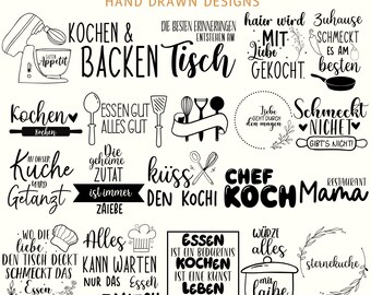 May include: A black and white graphic design sheet with 40 German kitchen-themed illustrations. The illustrations include sayings like "Kochen & Backen Tisch", "Essen Gut Alles Gut", "Kuss Den Kochi", and "Chef Koch Mama".