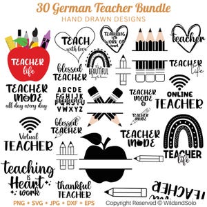 May include: A set of 30 black and white hand-drawn teacher-themed designs. The designs include phrases like "Teacher Life", "Teacher Mode", "Blessed Teacher", "Teaching is Heart Work", and "Online Teacher".