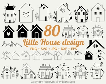 May include: A set of 80 black and white house illustrations in various styles. The illustrations include houses with hearts, windows, doors, and chimneys. The text "Little House design" is written in orange at the top of the image. The text "PNG + SVG + JPG + DXF + EPS" is written in black below the title. The text "Copyright Reserved © WildandSolo" is written in black at the bottom of the image.