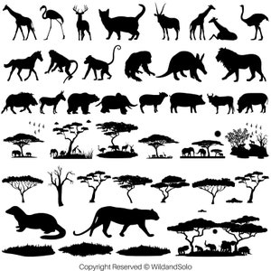30 safari dieren clipart SVG, safari scène gesneden bestand, gras SVG, bomen snijden bestand bundel, leeuw SVG, olifant SVG, aap, giraffe SVG