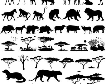 30 Safari Tiere Clipart SVG, Safari Szene Schnittdatei, Grass Bundle, Bäume schneiden Datei Bundle, Löwe svg, Elefant svg, Affe, Giraffe svg