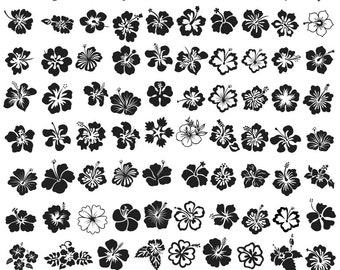 Paquete de 80 flores de hibisco hawaianas SVG, flores tropicales SVG, archivos de corte Cricut, imágenes prediseñadas de flores, flores hawaianas SVG, silueta, flores PNG