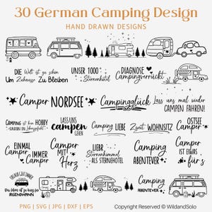 Camping alemán SVG, 30 diseños alemanes, frases de camping, citas en alemán, refranes SVG, archivo de plotter alemán, Cricut, Silhouette, descarga instantánea
