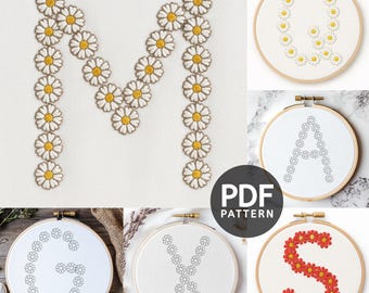 Alphabet Embroidery Flower Pattern, Embroidery Floral Alphabet Pattern, Hand Embroidery Alphabet, Hand Stitched Alphabet Digital