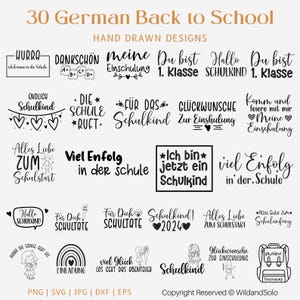 May include: A collection of 30 black and white hand-drawn designs for back to school. The designs feature German phrases such as "Hurra", "Endlich Schulkind", "Viel Erfolg in der Schule", "Ich bin jetzt ein Schulkind", and "Glückwünsche zur Einschulung".