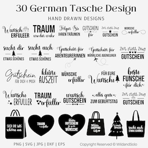 Könnte beinhalten: Ein Set mit 30 handgezeichneten Geschenkanhänger-Designs in Schwarzweiß mit verschiedenen deutschen Sprüchen und Illustrationen. Die Designs beinhalten Sätze wie "Wunsch Erfuller", "Traum werden wahr", "Gutschein für Abenteuererinnen" und "Zeit statt Zeug Gutschein".