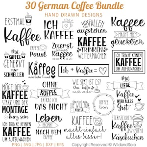 Può includere: Un set di 30 disegni a mano in bianco e nero con citazioni sul caffè in tedesco. I disegni includono frasi come "Kaffee macht mich glucklich" e "Ich + Kaffee = ♡".