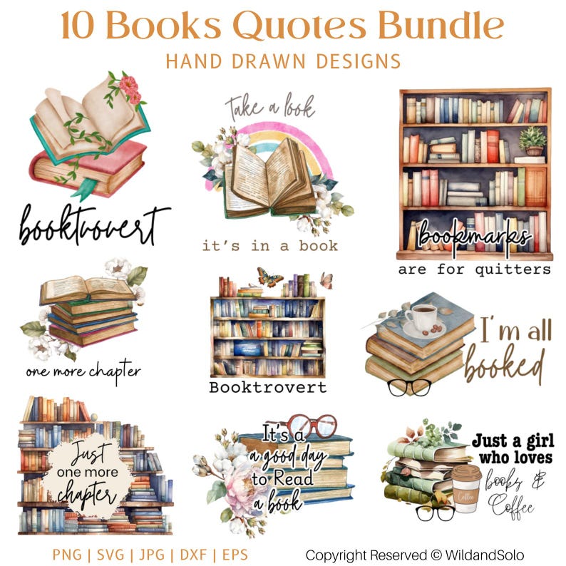 10 boeken citaten png-bundel, boek lezen png, boekenliefhebber png, boeksublimatiebundel, bundel boekcitaten png, silhouet afbeelding 1