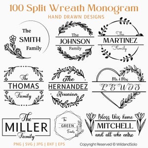 100 monogramas de coronas divididas en SVG, apellidos en SVG, paquete de SVG circulares, coronas navideñas en SVG, decoración navideña, coronas dibujadas a mano