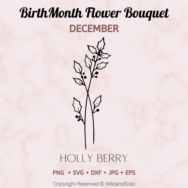 BirthMonth Svg , Botanical svg, Rose svg, Daisy svg, Poppy svg, Birthday svg, svg, Holly Berry svg, December flower By Solo Wild