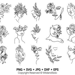 15 kwiatów we włosach svg, Line Art face svg, Faces Woman Floral Line Art SVG, Line Art Women SVG Bundle, pliki do cięcia dla Cricut, wystrój domu svg