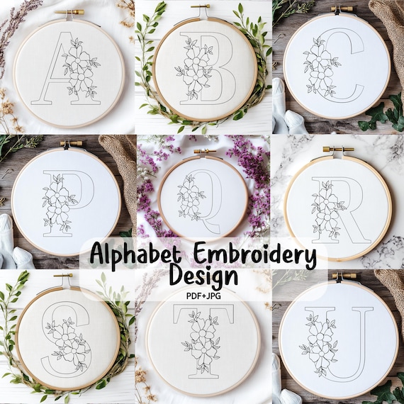 刺繍の花柄アルファベットパターン、26種類の花柄アルファベット刺繍