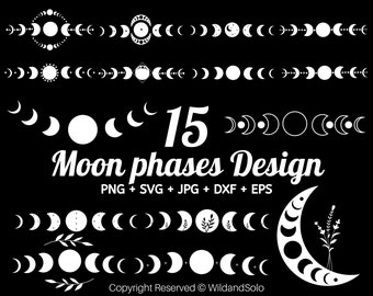 May include: A set of 15 moon phase designs in white on a black background. The designs include various phases of the moon, from a crescent to a full moon. The text "Moon phases Design" and "PNG + SVG + JPG + DXF + EPS" is also included in the image.