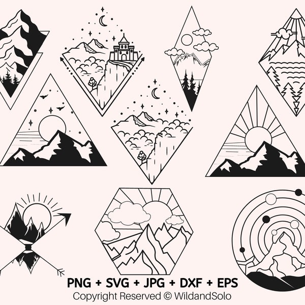 10 Geometric mountain svg Bundle, Camping Outdoors Adventure Svg Bundle, Mountain svg Bundle, Trees Svg, Camping Svg, Landscape Svg