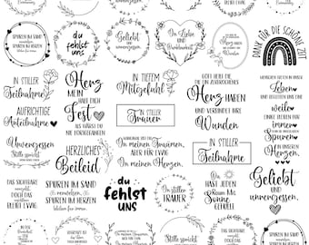 Könnte beinhalten: Eine Sammlung von schwarz-weißen Grafiken mit Texten und floralen Elementen. Die Designs enthalten Sätze wie "In liebevoller Erinnerung" und "Du fehlst uns", passend für Gedenk- oder Beileidskarten.